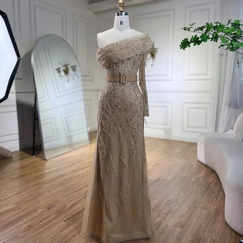 Vestidos de noche de lujo estilo sirena color nude árabe, con un solo hombro y cuentas, estilo Dubai, para mujer, ideales para bodas y fiestas (2025) LA72161 
