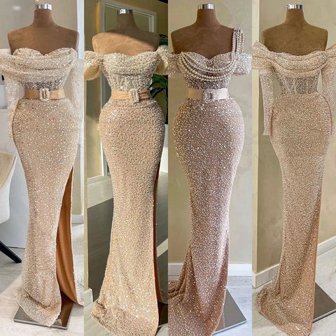 Vestido de noche de lujo estilo sirena color nude, con un solo hombro y cuentas, estilo Dubái, para mujer, ideal para bodas y fiestas (2025) LA72318B