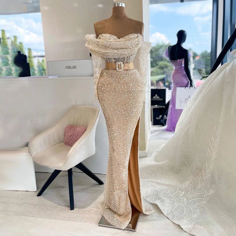 Vestido de noche de lujo estilo sirena color nude, con un solo hombro y cuentas, estilo Dubái, para mujer, ideal para bodas y fiestas (2025) LA72318B