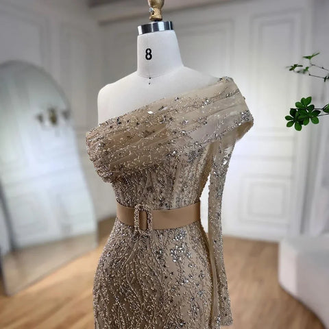 Vestidos de noche de lujo estilo sirena color nude árabe, con un solo hombro y cuentas, estilo Dubai, para mujer, ideales para bodas y fiestas (2025) LA72161 