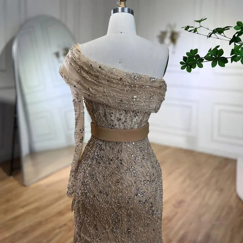 Vestidos de noche de lujo estilo sirena color nude árabe, con un solo hombro y cuentas, estilo Dubai, para mujer, ideales para bodas y fiestas (2025) LA72161 