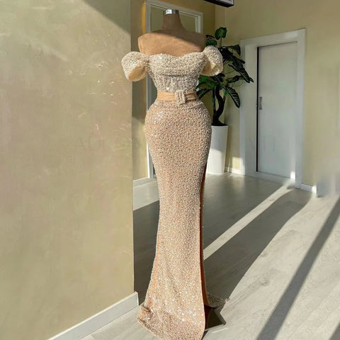 Vestido de noche de lujo estilo sirena color nude, con un solo hombro y cuentas, estilo Dubái, para mujer, ideal para bodas y fiestas (2025) LA72318B
