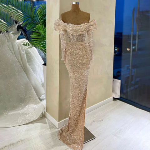 Vestido de noche de lujo estilo sirena color nude, con un solo hombro y cuentas, estilo Dubái, para mujer, ideal para bodas y fiestas (2025) LA72318B