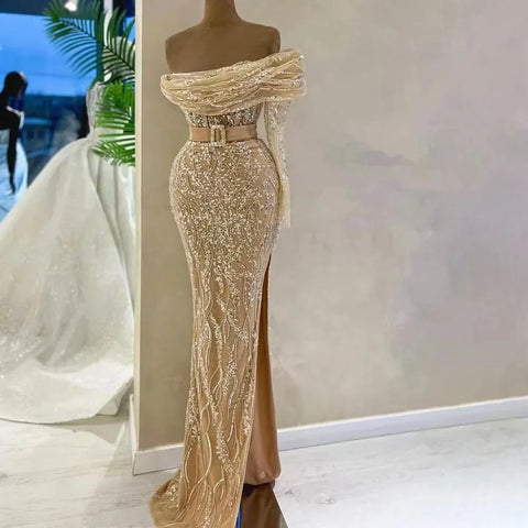 Vestidos de noche de lujo estilo sirena color nude árabe, con un solo hombro y cuentas, estilo Dubai, para mujer, ideales para bodas y fiestas (2025) LA72161 