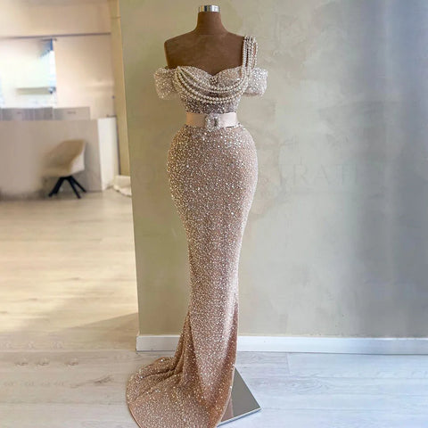 Vestido de noche de lujo estilo sirena color nude, con un solo hombro y cuentas, estilo Dubái, para mujer, ideal para bodas y fiestas (2025) LA72318B