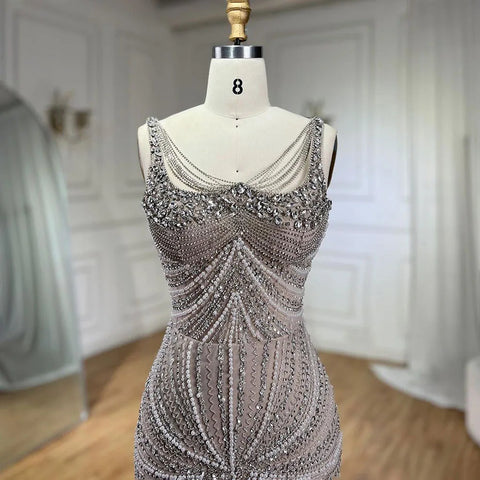 Vestidos de noche estilo sirena, color nude, con tirantes finos, adornados con perlas y cuentas, ideales para bodas y fiestas (2025) LA72356 