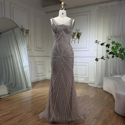 Vestidos de noche estilo sirena, color nude, con tirantes finos, adornados con perlas y cuentas, ideales para bodas y fiestas (2025) LA72356 