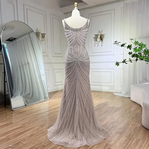 Vestidos de noche estilo sirena, color nude, con tirantes finos, adornados con perlas y cuentas, ideales para bodas y fiestas (2025) LA72356 
