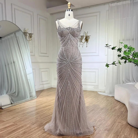 Vestidos de noche estilo sirena, color nude, con tirantes finos, adornados con perlas y cuentas, ideales para bodas y fiestas (2025) LA72356 
