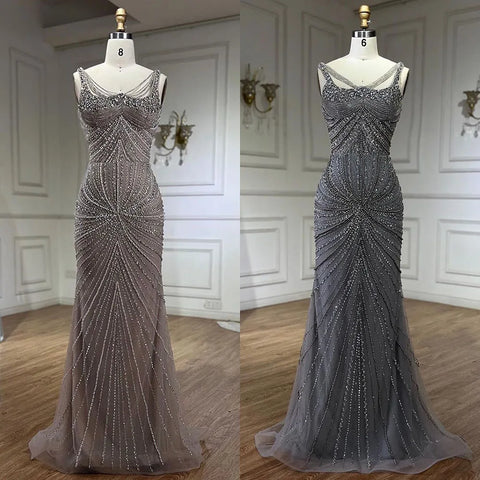 Vestidos de noche estilo sirena, color nude, con tirantes finos, adornados con perlas y cuentas, ideales para bodas y fiestas (2025) LA72356 