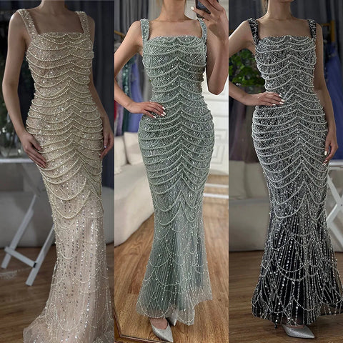 Luxury Pearls Nude Spaghetti Strap Evening Dress LA72606A