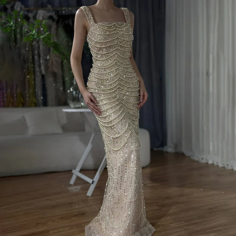 Luxury Pearls Nude Spaghetti Strap Evening Dress LA72606A