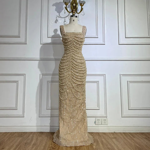 Luxury Pearls Nude Spaghetti Strap Evening Dress LA72606A