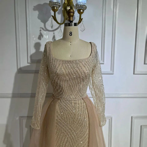 Arabic Nude Square Collar Mermaid Evening Gown Beaded Overskirt Luxury Dresses for Woman's Wedding Party LA72320A