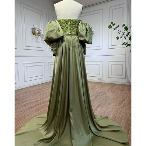 Arabic Olive Satin Mermaid Strapless Puff Sleeves Beaded Evening Dresses Gowns 2025 For Women Wedding Party LA71120A