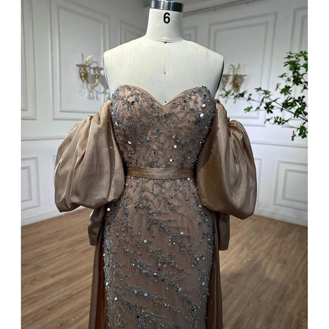 Arabic Olive Satin Mermaid Strapless Puff Sleeves Beaded Evening Dresses Gowns 2025 For Women Wedding Party LA71120A