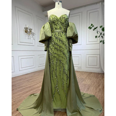 Arabic Olive Satin Mermaid Strapless Puff Sleeves Beaded Evening Dresses Gowns 2025 For Women Wedding Party LA71120A