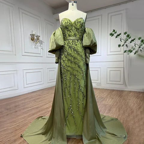 Arabic Olive Satin Mermaid Strapless Puff Sleeves Beaded Evening Dresses Gowns 2025 For Women Wedding Party LA71120A