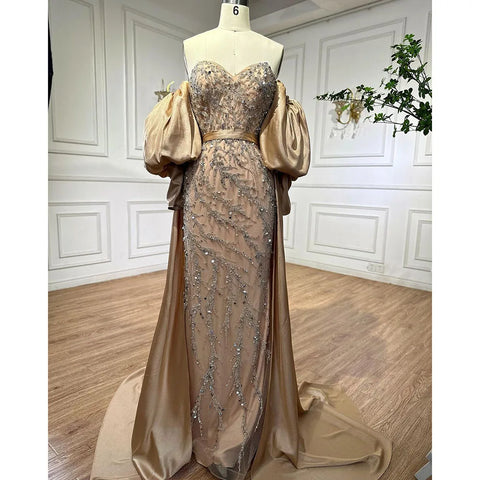 Arabic Olive Satin Mermaid Strapless Puff Sleeves Beaded Evening Dresses Gowns 2025 For Women Wedding Party LA71120A