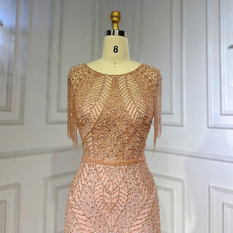 Arabic Peach Mermaid Elegant Tassel Beaded Luxury Evening Dresses Gowns 2025 For Women Wedding Party LA71843