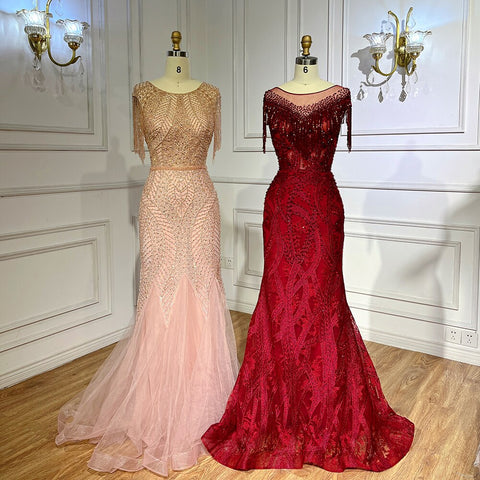Arabic Peach Mermaid Elegant Tassel Beaded Luxury Evening Dresses Gowns 2025 For Women Wedding Party LA71843