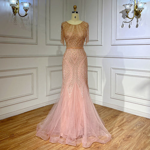 Arabic Peach Mermaid Elegant Tassel Beaded Luxury Evening Dresses Gowns 2025 For Women Wedding Party LA71843