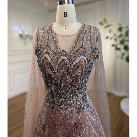 Vestidos de noche largos de corte A, color rosa árabe, con mangas tipo capa y cuentas, estilo celebridad, colección 2025, para mujer, ideales para bodas y fiestas (LA72133) 