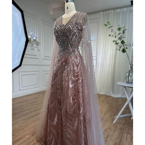 Vestidos de noche largos de corte A, color rosa árabe, con mangas tipo capa y cuentas, estilo celebridad, colección 2025, para mujer, ideales para bodas y fiestas (LA72133) 