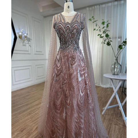 Vestidos de noche largos de corte A, color rosa árabe, con mangas tipo capa y cuentas, estilo celebridad, colección 2025, para mujer, ideales para bodas y fiestas (LA72133) 