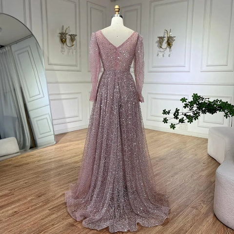 Arabic Pink A Line Elegant Long Sleeves Luxury Beaded Evening Dresses Gowns for Women Wedding Party 2025 LA72521