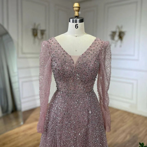 Arabic Pink A Line Elegant Long Sleeves Luxury Beaded Evening Dresses Gowns for Women Wedding Party 2025 LA72521