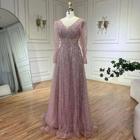 Arabic Pink A Line Elegant Long Sleeves Luxury Beaded Evening Dresses Gowns for Women Wedding Party 2025 LA72521