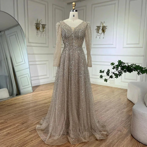 Arabic Pink A Line Elegant Long Sleeves Luxury Beaded Evening Dresses Gowns for Women Wedding Party 2025 LA72521