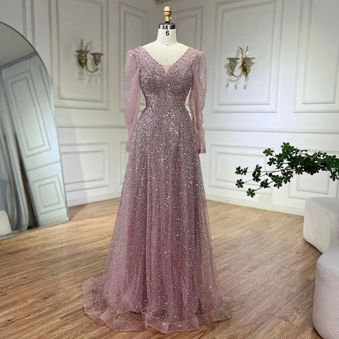 Arabic Pink A Line Elegant Long Sleeves Luxury Beaded Evening Dresses Gowns for Women Wedding Party 2025 LA72521