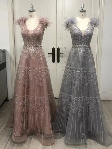 Arabic Pink A-Line Elegant Luxury Beaded Feathers Evening Dress for Women - Wedding Party 2025 LA72608