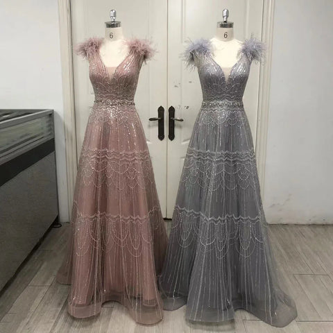 Arabic Pink A-Line Elegant Luxury Beaded Feathers Evening Dress for Women - Wedding Party 2025 LA72608
