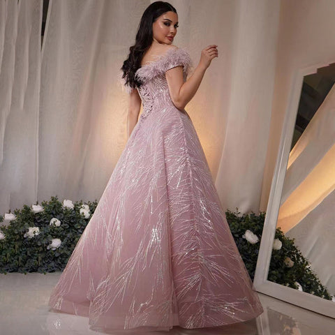 Arabic Pink A-Line Sexy Bot Neck Feather Beaded Luxury Evening Dresses Gowns 2025 For Women Wedding Party LA71726