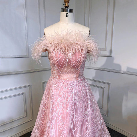 Arabic Pink A-Line Sexy Bot Neck Feather Beaded Luxury Evening Dresses Gowns 2025 For Women Wedding Party LA71726