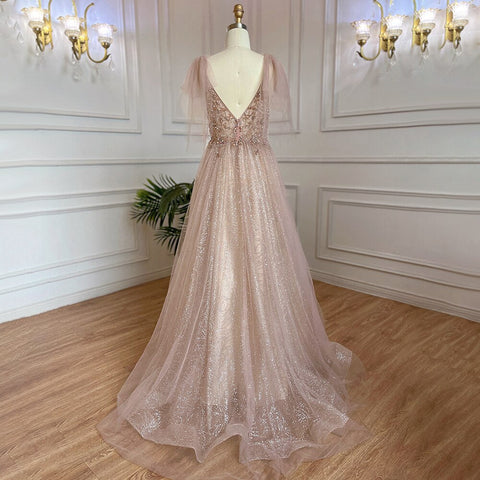 Vestido largo de fiesta de lujo estilo árabe, rosa, corte A, escote en V, con cuentas, escote sexy, estilo Dubai, colección 2025, para mujer, modelo LA71904 