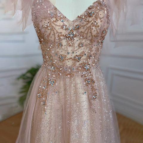 Vestido largo de fiesta de lujo estilo árabe, rosa, corte A, escote en V, con cuentas, escote sexy, estilo Dubai, colección 2025, para mujer, modelo LA71904 