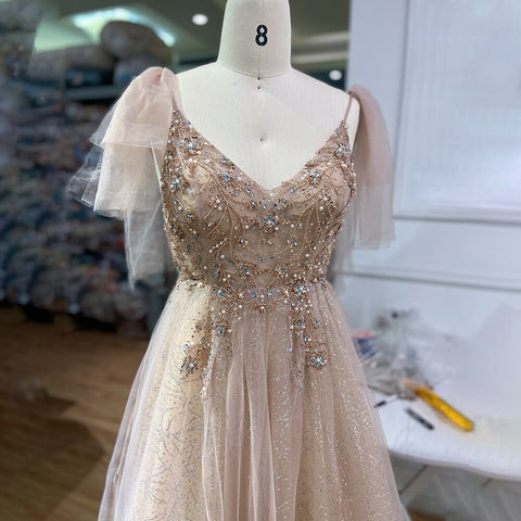 Vestido largo de fiesta de lujo estilo árabe, rosa, corte A, escote en V, con cuentas, escote sexy, estilo Dubai, colección 2025, para mujer, modelo LA71904 