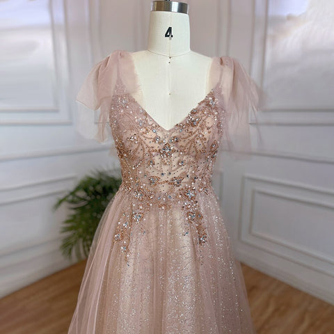 Vestido largo de fiesta de lujo estilo árabe, rosa, corte A, escote en V, con cuentas, escote sexy, estilo Dubai, colección 2025, para mujer, modelo LA71904 