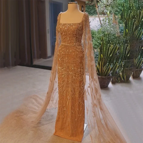 Nude Pink Luxury Evening Dresses with Cape Sleeves LA72261