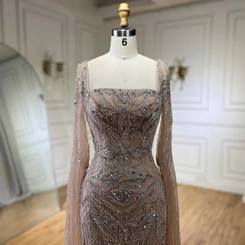 Nude Pink Luxury Evening Dresses with Cape Sleeves LA72261