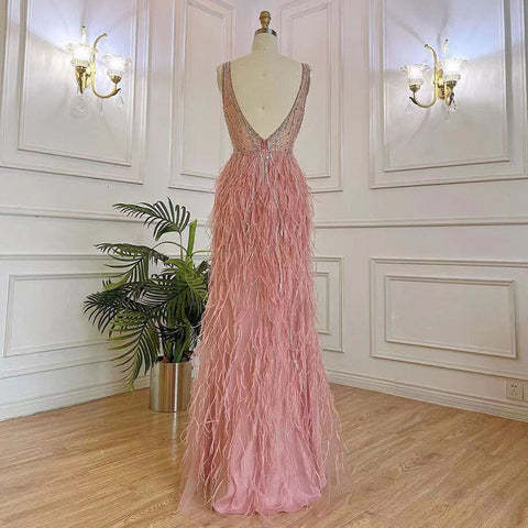 Vestidos de noche elegantes, estilo sirena, sexys, con escote en V, color rosa árabe, con cuentas y plumas, de lujo, para mujer, para fiestas, LA71900 