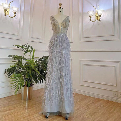 Vestidos de noche elegantes, estilo sirena, sexys, con escote en V, color rosa árabe, con cuentas y plumas, de lujo, para mujer, para fiestas, LA71900 