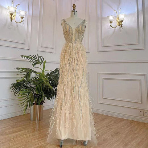 Vestidos de noche elegantes, estilo sirena, sexys, con escote en V, color rosa árabe, con cuentas y plumas, de lujo, para mujer, para fiestas, LA71900 