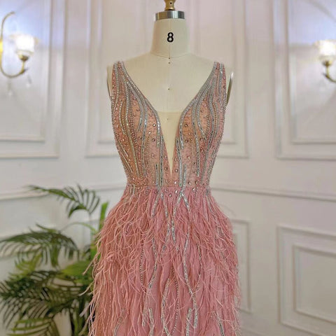 Vestidos de noche elegantes, estilo sirena, sexys, con escote en V, color rosa árabe, con cuentas y plumas, de lujo, para mujer, para fiestas, LA71900 