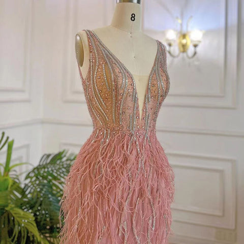 Vestidos de noche elegantes, estilo sirena, sexys, con escote en V, color rosa árabe, con cuentas y plumas, de lujo, para mujer, para fiestas, LA71900 