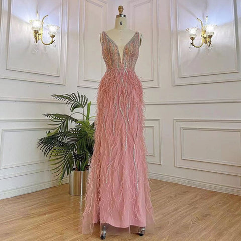 Vestidos de noche elegantes, estilo sirena, sexys, con escote en V, color rosa árabe, con cuentas y plumas, de lujo, para mujer, para fiestas, LA71900 